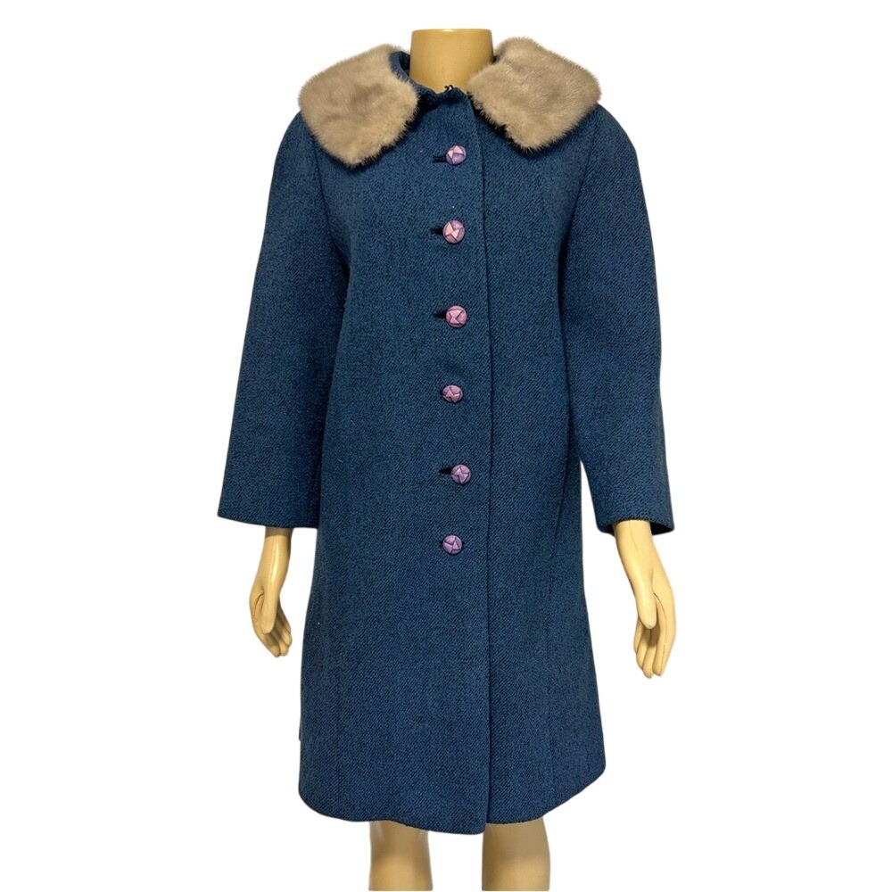 Vintage 60 Presentation Blue Wool Tweed Coat Mink Fur Collar ILGWU Mod MidLength